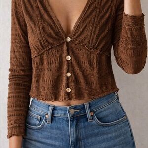 Brown Lace ruffled Button-Up Women's Top